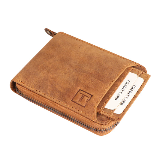 Men Light Brown Zip-Around Leather Wallet